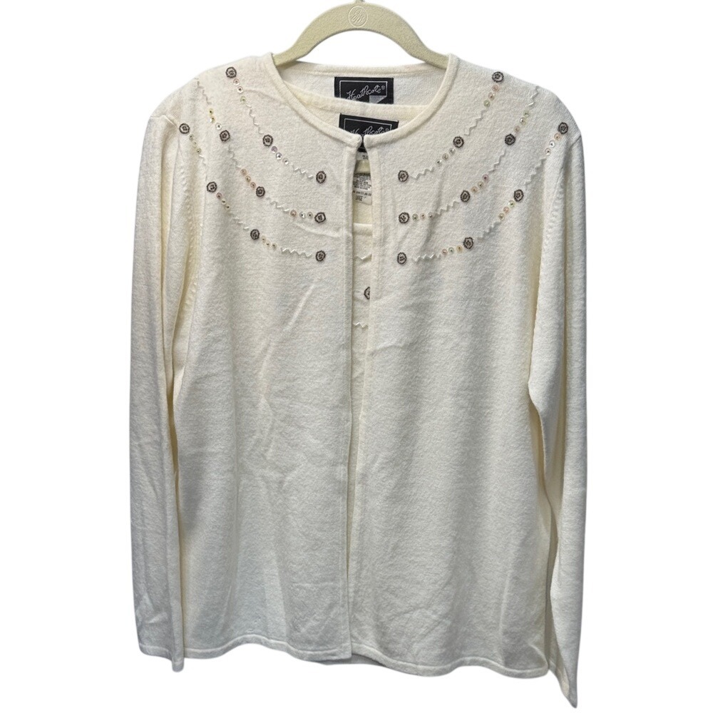 Heathcote Ivory Beaded Floral Twin Set Cardigan and Shell‎ Cream Size Large